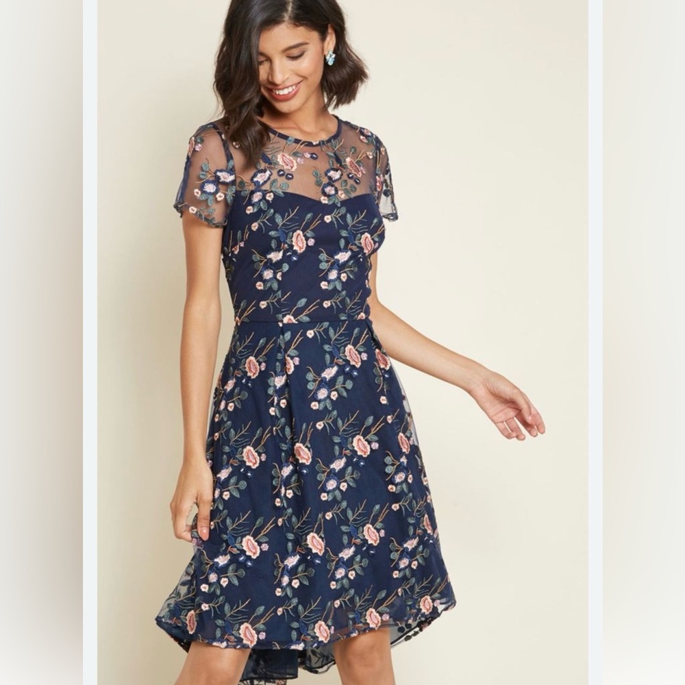 Adrianna Papell Navy Blue Embroidered Dress